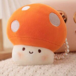 Orange cap mushroom plush pearl handle charm keychain hang accessory